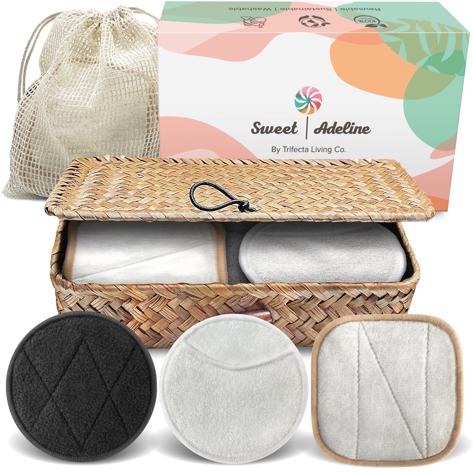 Reusable Cotton Rounds (18 pack) + Rattan Storage Basket